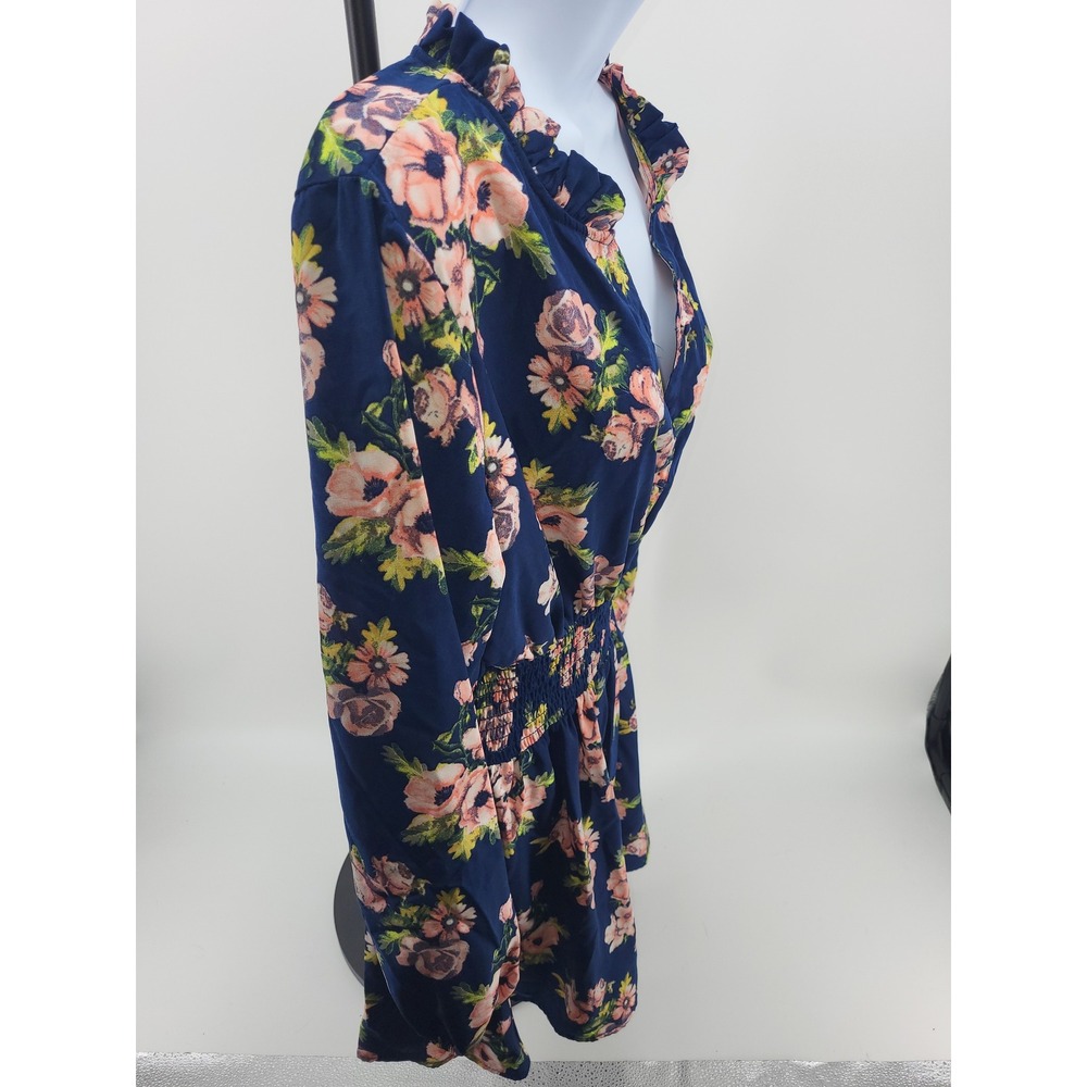 205 Collins Womens XL Navy Blue Floral Smocked Waist Ruffle Neck Mini Dress - Picture 2 of 6